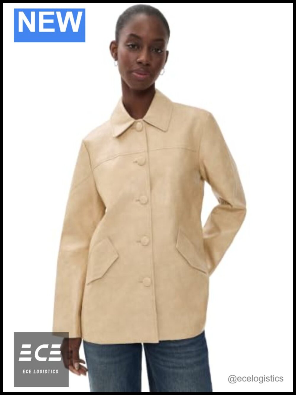 Faux Leather Collared Button Front Long Sleeve Jacket Lightweight Solid